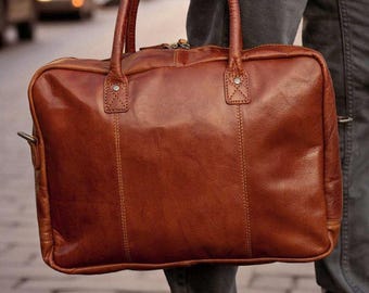 Personalized Vintage Leather Briefcase: Handmade Cowhide Messenger Bag
