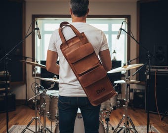 Borsa per bacchette in pelle fatta a mano - Tracolla in pelle di capra, accessorio per batterista, ganci per tom da terra
