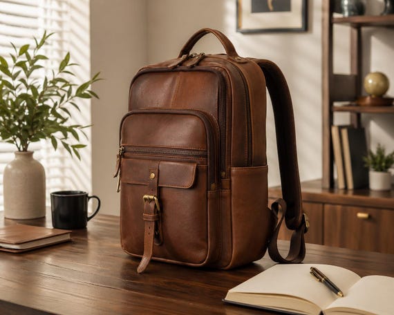 Full Grain Leather Laptop Backpack, Personalized Travel Rucksack, Large Weekender Bag Men