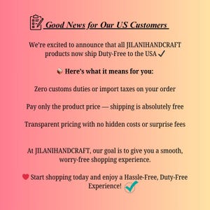 May include: An announcement on a gradient background with text that reads "Good News for Our US Customers." It states that JILANIHANDCRAFT products now ship duty-free to the USA, with no customs duties or import taxes.