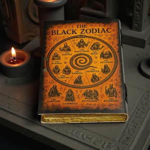 May include: A hardback book titled "THE BLACK ZODIAC" with gold-edged pages. The cover displays a circular illustration of zodiac figures and symbols in black and gold. The book is on a dark grey surface, with a lit candle in the background.