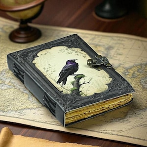 Raven Leather Grimoire Journal | 7x5 Vintage Spell Book | Book of Shadows | Handmade Deckle Paper | Gift for Witches, Him or Her