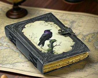 Diario grimorio grande de cuero de cuervo, libro de hechizos vintage
