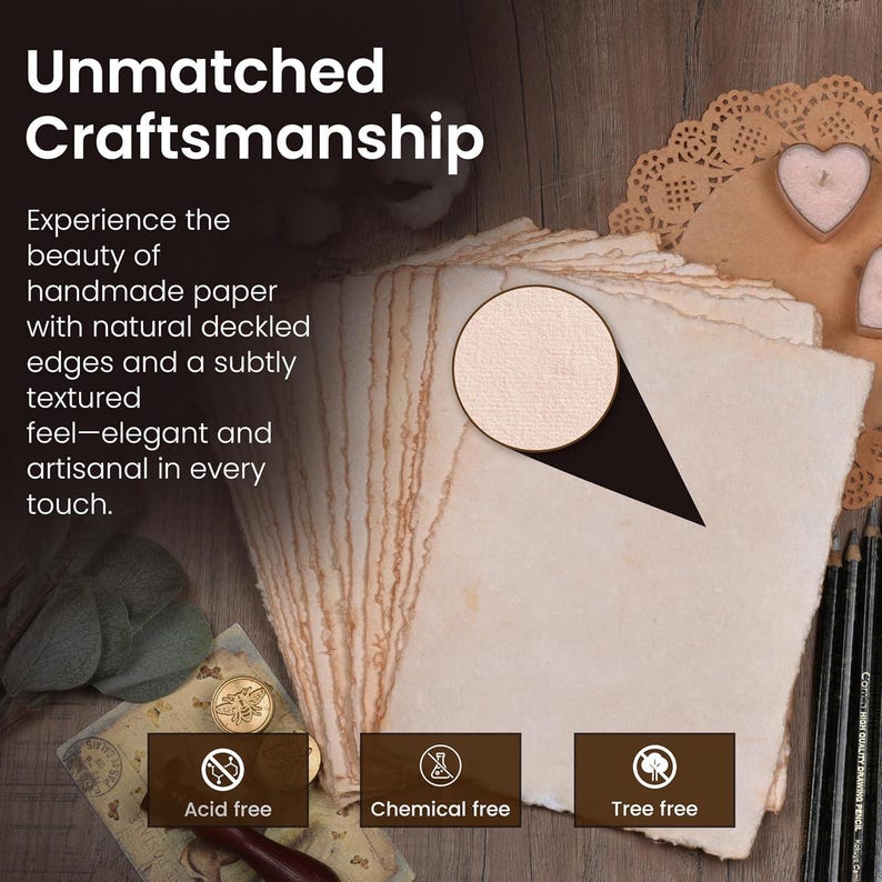 May include: A stack of handmade paper with natural deckled edges. The paper has a subtly textured feel. The image includes the text "Unmatched Craftsmanship" and icons indicating the paper is acid-free, chemical-free, and tree-free.