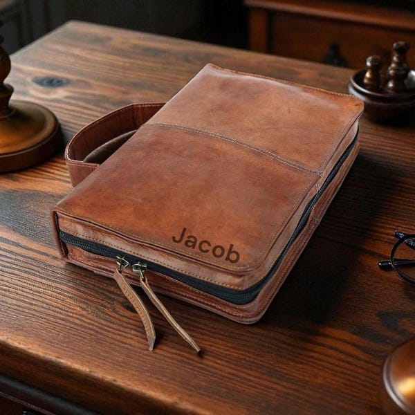 Full Grain Leather Bible Cover, Personalized Christian Gift, Custom Name Engraved Bible Case