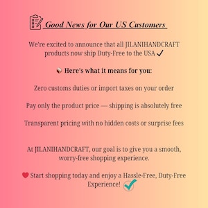 May include: A promotional graphic with a gradient background from yellow to pink. Text announces "Good News for Our US Customers" and details duty-free shipping for JILANIHANDCRAFT products, including free shipping and transparent pricing.