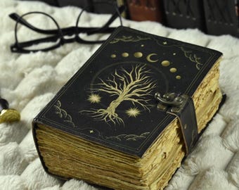 Large Leather Grimoire Journal, Tree of Life, Celestial Spell Book