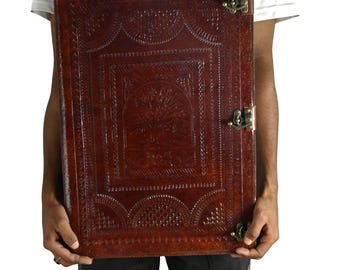 Extra Large Leather Journal – Embossed Tree Design – Rustic Writing Diary – Handmade Full Grain Leather Sketchbook – Gift for Writer