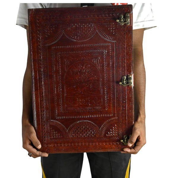 Extra Large Leather Journal – Embossed Tree Design – Rustic Writing Diary – Handmade Full Grain Leather Sketchbook – Gift for Writer