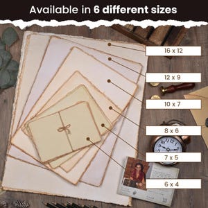 May include: A stack of handmade paper in various sizes, including 16 x 12 inches, 12 x 9 inches, 10 x 7 inches, 8 x 6 inches, 7 x 5 inches, and 6 x 4 inches. The paper has a deckled edge and a natural, off-white color. The text "Available in 6 different sizes" is at the top.