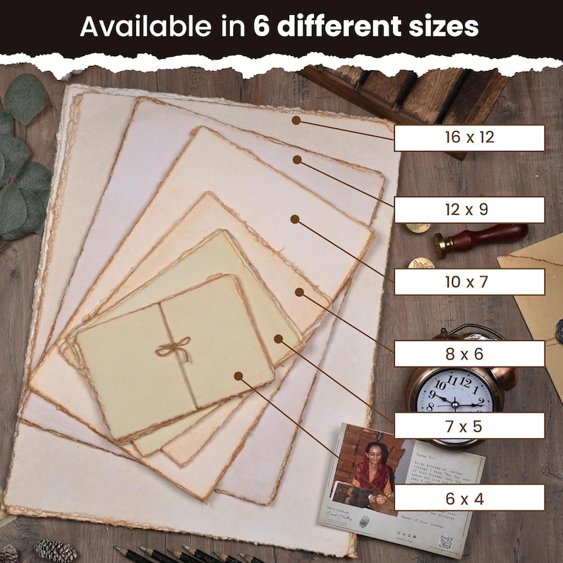 May include: A stack of handmade paper in various sizes, including 16 x 12 inches, 12 x 9 inches, 10 x 7 inches, 8 x 6 inches, 7 x 5 inches, and 6 x 4 inches. The paper has a deckled edge and a natural, off-white color. The text "Available in 6 different sizes" is at the top.