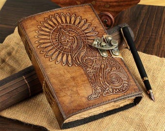 Katzenleder Grimoire Tagebuch, Buch der Schatten, handgemachtes Zauberbuch, Hexerei Notizbuch, Gothic Katzen Tagebuch, DnD Fantasy Journal, Geschenk für Sie