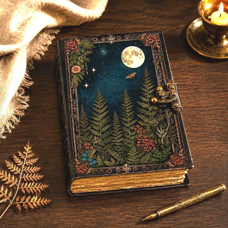 Handmade Moon Forest Leather Journal, Vintage Grimoire Book - Etsy