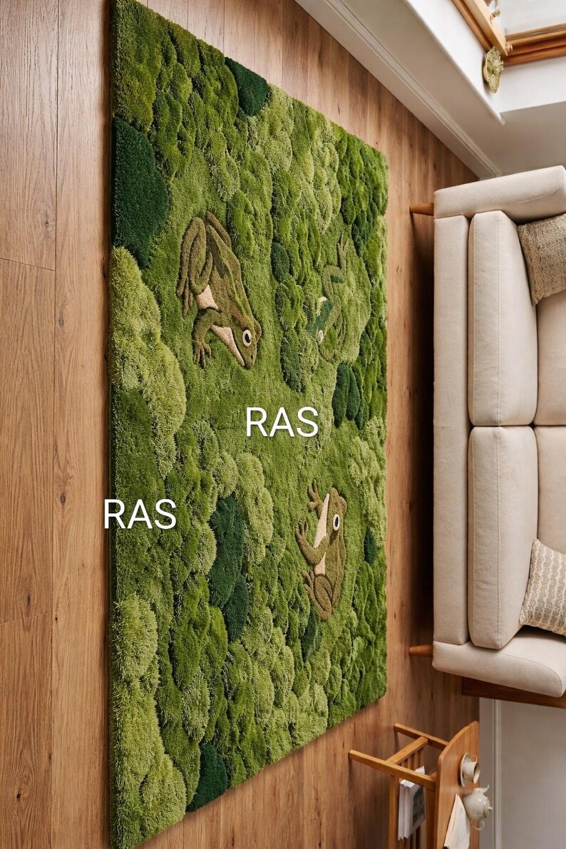 Green Moss Forest Frog Rug Hand Tufted Wool Area Rug Organic Shape Mid ...