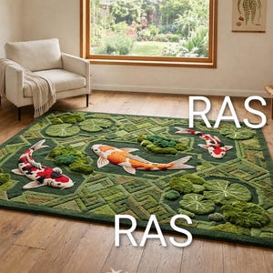 May include: A green rectangular rug with a koi fish design. The rug features three koi fish in shades of red, orange, and white, along with lily pads and mossy green accents. The rug is placed on a wooden floor.