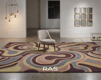 Purple Beige Mustard Blue Abstract Rug, Modern Wavy Pattern Carpet, Handmade Tufted Area Rug, Artistic Living Room Decor, Contemporary Rugs.