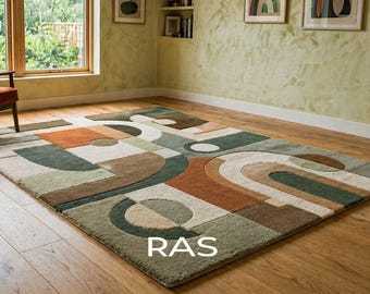 Sage Green Terracotta Rug,Geometric Hand Tufted Carpet, Modern Abstract Area Rug,Beige Ivory Boho Styles Rug,Living Room Statement Rugs.