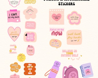 May include: A collection of pink and yellow positive and motivational stickers with phrases like "Never Give Up" and "I can do my best." Also includes a pink backpack, water bottle, and notebook.