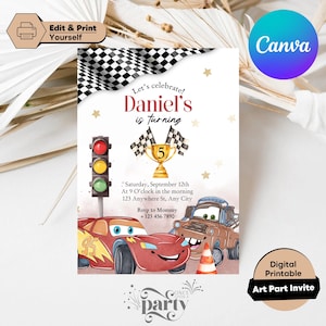 Convite de aniversário de Carros, convite de aniversário de Carros, convite McQueen, convite editável em aquarela de Carros, cartão digital para impressão de Carros