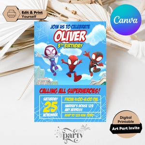 Spidey Birthday Invitation, Superhero Birthday Invite, Spidey and his Amazing Friends Birthday Party Invitation, Customizable Canva