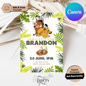 Editable Template Lion King, Birthday Invitation Template, Lion King Digital Kids Party Invite, Electronic Lion King Theme, Personalized