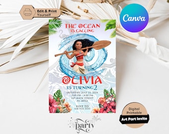 Invitación de cumpleaños de Moana: Plantilla editable de Canva (5x7, descarga digital)