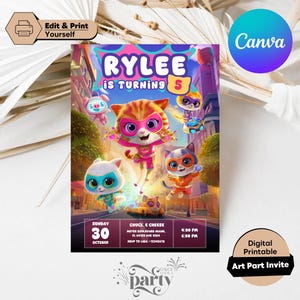 Printable Editable Super Kitty Invite, SuperKitty Birthday, SuperKitties Party invite template, Kitten Invitation Cute Invite