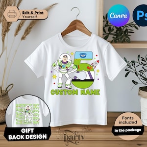 May include: White t-shirt featuring a Buzz Lightyear graphic with the number 5 and a rocket ship. The shirt includes the text "CUSTOM NAME" in green. The design is for a birthday party. The image also shows a gift back design.