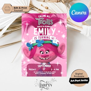 Trolls Birthday Invitation: Editable Canva Template (Digital Download 5x7in PDF File)