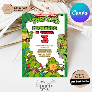 Può includere: Un invito di compleanno delle Tartarughe Ninja con Leonardo. L'invito include il testo "Leonardo compie 3 anni" e i dettagli dell'evento. Il design incorpora colori verde, rosso, viola e giallo, con i loghi Canva e Art Part Invite.