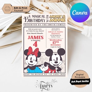 Retro Mickey & Minnie Birthday Invitation: Sibling Party (Digital Printable Canva Template 5x7 inch)