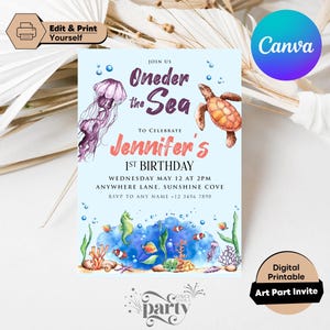 Oneder the Sea Birthday Invitation Printable, Under the Sea Editable Template, 1st Birthday Invite, Ocean Animals Girls Under the Sea Invite