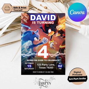 Sonic Hedgedog Birthday Party Invitation, Sonic vs Shadow Invitation, Super Hedgehog Boys Party Invite, Editable Invite , Canva Template