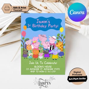 May include: A digital printable birthday party invitation featuring cartoon characters. The invitation has the text "Jaxon's 1st Birthday Party!" and "Join Us To Celebrate!" with address and RSVP information. The design includes balloons and a blue sky background.