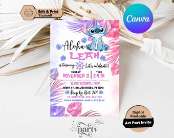 Stitch Birthday Party Invitation Template: Editable Cartoon Evite (Digital Download, 5x7 inch, Canva Design)