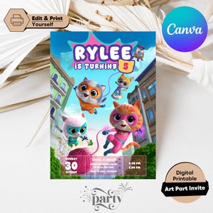 Girl Super Kitties Birthday Invitation Template, Super Kitties Invitation,Digital Cat Girl Invite Template, Kitty Cat Party Invite Printable