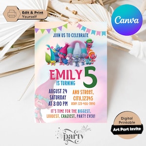 Editable Trolls Birthday Invitation, Trolls Craziest Party, Trolls Party Invite, Girl Birthday, Poppy Invite, Printable Trolls Invite