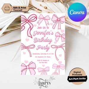 Pink Bow Theme Birthday Invite Pink Bow Birthday Bow Invite Coquette Bow Birthday Girl Birthday Invite Coquette Birthday Invitation Cute