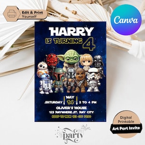 Modèle modifiable d'invitation d'anniversaire Star War, invitation de fête d'anniversaire imprimable, modèle d'invitation numérique fête d'enfants, carte d'anniversaire Starwars
