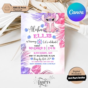 Stitch Angel Birthday Party Invitation Template, Editable Cartoon Bday Evite, Fun Canva Design for Kids Party, Instant Download