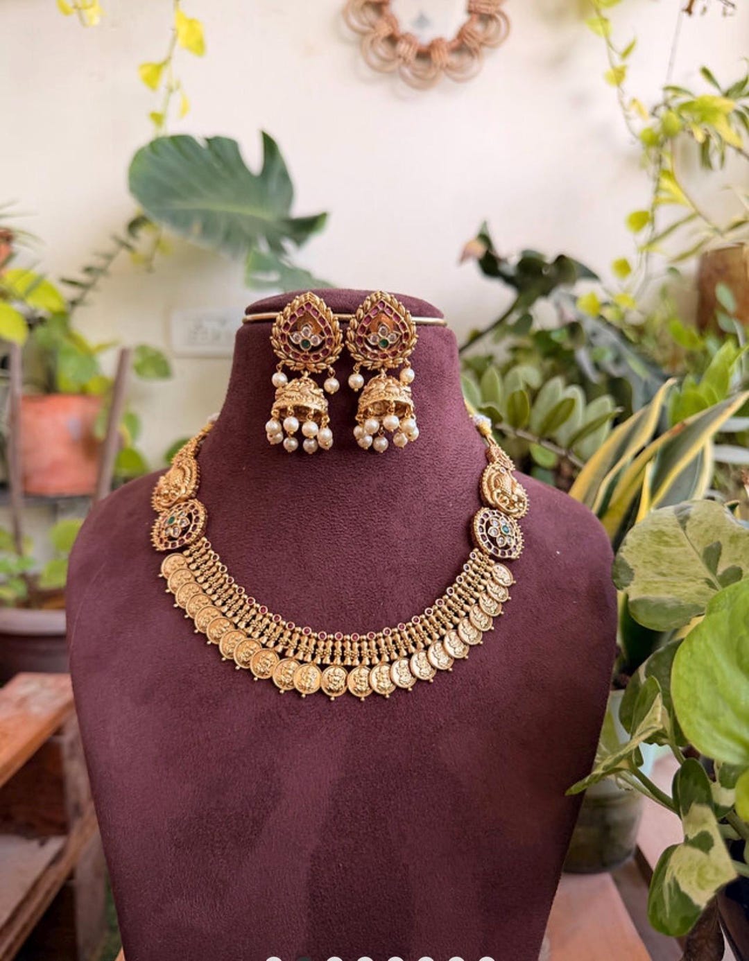 Gold Toned Indian Temple Jewelry Style Necklace Set, Lakshmi Coin ...