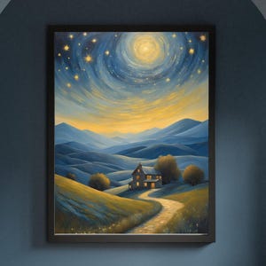Vintage Landschaft Poster/Druckbare Digitale Datei/Öl Gemälde mit Haus und abstraktem Sternenhimmel/Wandkunst Download/Naturbild Kunstdruck