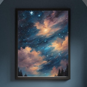 Vintage Sternenhimmel Öl-Gemälde/Retro Nachthimmel mit Wald/Mystische Öl Wandkunst/Druckbare Digitale Datei/Kunstdruck Poster Wanddekoration