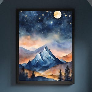 Aquarell Berglandschaft mit Sternenhimmel/Digitale Kunstdatei für Wanddeko/Druckbares Poster Vintage Öl Gemälde/Landschaftsbild Kunstdruck
