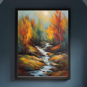 Pintura al óleo imprimible de un bosque otoñal abstracto con un río/Póster vintage/Archivo digital/Paisaje natural/Descarga de impresión artística