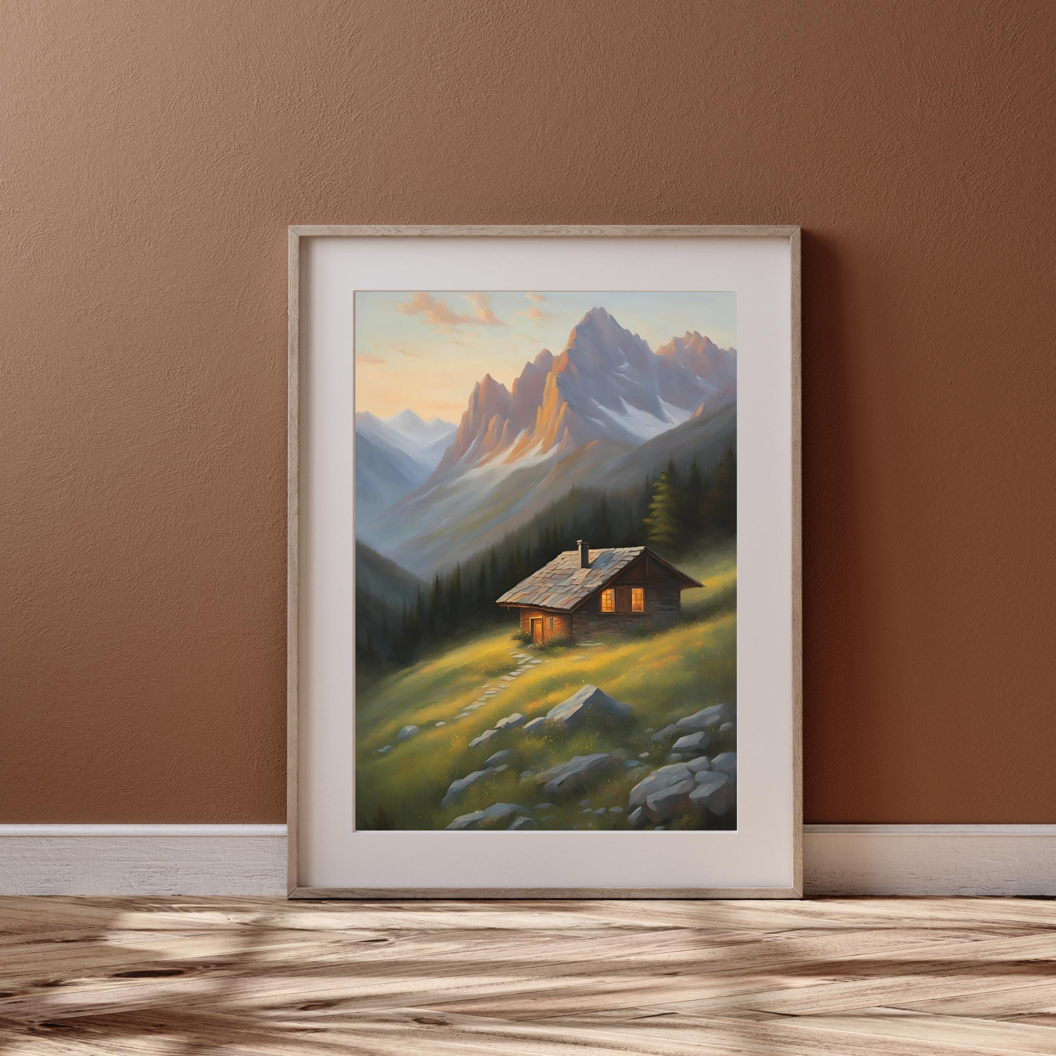 夕暮れ時の山の風景の中の山小屋/アートプリント用のファイルとしての