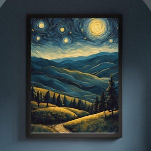 Vintage Berglandschaft Poster/Druckbare Digitale Datei von abstrakten Öl Gemälde mit Sternenhimmel/Wandkunst Download/Naturbild Kunstdruck
