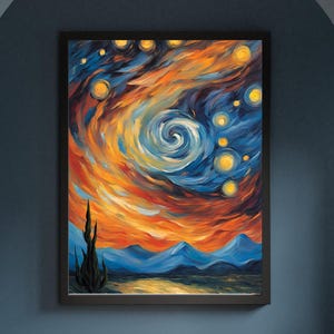 Abstrakte Sternennacht im Van-Gogh-Stil/Digitale Datei für Kunstdruck/Vintage Retro Poster Sternenhimmel/Öl-Gemälde Wandkunst als Dekoration