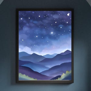 Aquarell Sternenhimmel über Berglandschaft/Druckbare Digitale Datei Download/Poster im Vintage-Stil für Wanddekoration/Öl Gemälde Kunstdruck