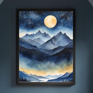 Acuarela Noche estrellada con luna llena y montañas/Archivo digital imprimible/Pintura al óleo Paisaje natural vintage/Arte mural Póster de naturaleza Impresión artística